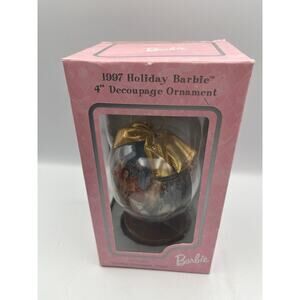 1998 Mattel Barbie Holiday 4" Decoupage Ornament With Wooden Ornament Stand